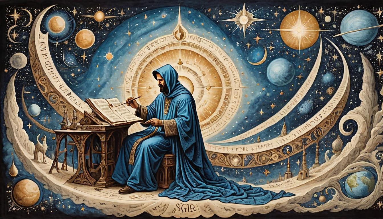  on parchment, surrealism+++, A divine artisan, robed, meticulously adjusting the strands of a cosmic tapestry, threads made of stardust, celestial loom, detailed, meticulous, divine craftsmanship(mysterious, provocative, symbolic,muted color)+++