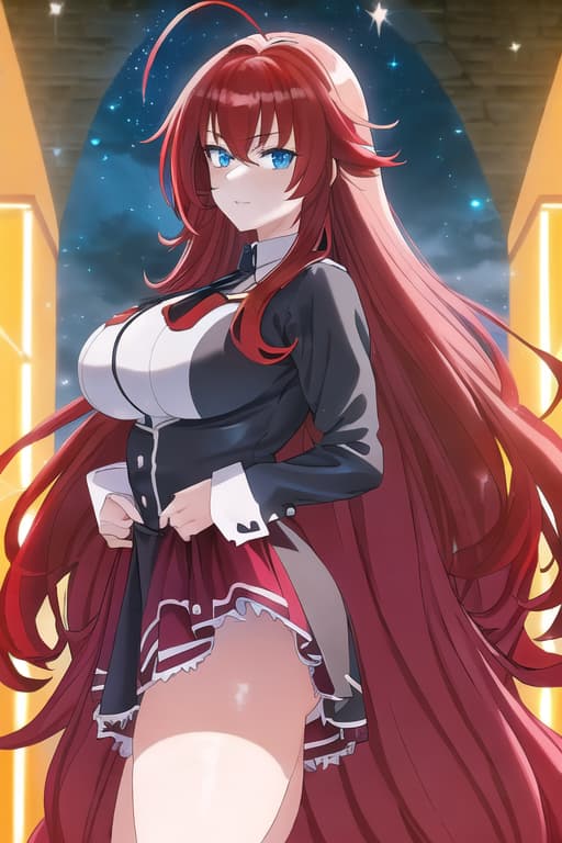  ,masterpiece, best quality, 1women, long red hair, looking at viewer, :3, cute, black uniform, outdoors, streets, cowboy shot, curvy, (((blue eyes))), rias gremory, red hair, antenna hair, wavy hair, ((beautiful detailed eyes, beautiful detailed glow, lots of glow)), anime screencap