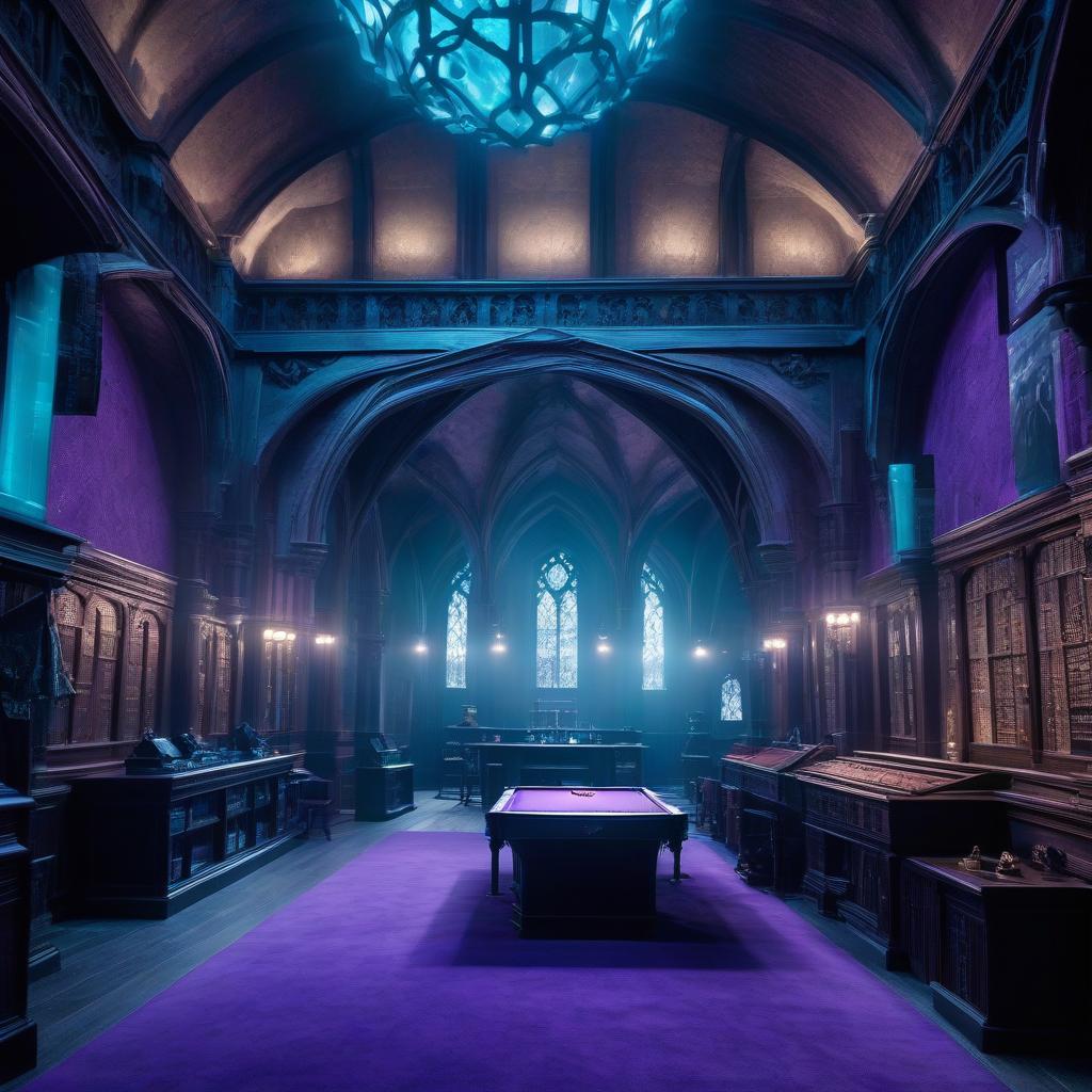  Gaming room in Hogwarts in shades of cyan purple. hyperrealistic, full body, detailed clothing, highly detailed, cinematic lighting, stunningly beautiful, intricate, sharp focus, f/1. 8, 85mm, (centered image composition), (professionally color graded), ((bright soft diffused light)), volumetric fog, trending on instagram, trending on tumblr, HDR 4K, 8K