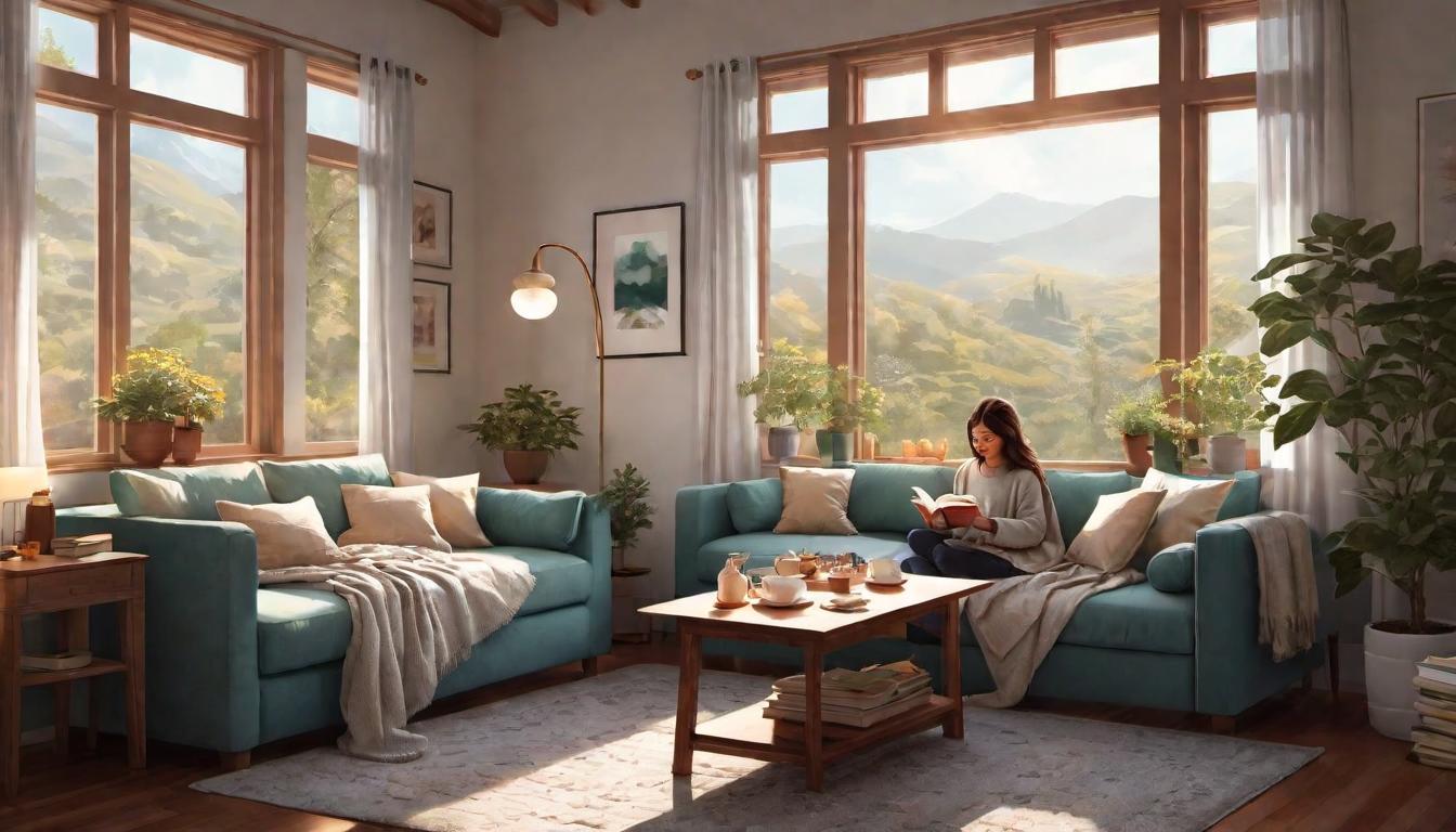  digital illustration, 1person, sipping tea in a cozy living room, book open on a table, surrounded by soft pillows and a warm blanket, sunlight streaming in through a window, nurturing self awareness, relaxing, forgiving, looking at viewer, dynamic pose, (intricate details, masterpiece, best quality)