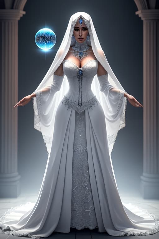  Beautiful Santa muerte, walking in a cemetery, wearing white royal gown, with a crystal ball hyperrealistic, full body, detailed clothing, highly detailed, cinematic lighting, stunningly beautiful, intricate, sharp focus, f/1. 8, 85mm, (centered image composition), (professionally color graded), ((bright soft diffused light)), volumetric fog, trending on instagram, trending on tumblr, HDR 4K, 8K