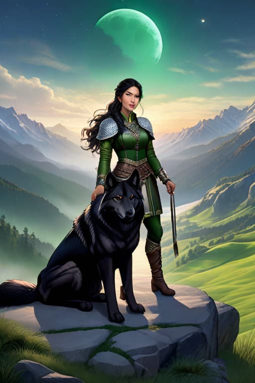  a young scythian woman with light brown skin, dark black textured hair in braids, large bright green eyes, she is with her large black wolf pet, she is wearing black leather armor over white shirt, night time, background, Mountain View of moon hyperrealistic, full body, detailed clothing, highly detailed, cinematic lighting, stunningly beautiful, intricate, sharp focus, f/1. 8, 85mm, (centered image composition), (professionally color graded), ((bright soft diffused light)), volumetric fog, trending on instagram, trending on tumblr, HDR 4K, 8K