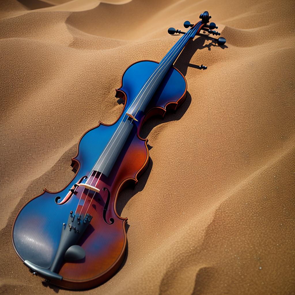  A violin with the body angled down in the sand, the headstock pointing towards the sky slightly blurry because of it distance away. The sand a warm color from the sunset in the distance. The sky is a deep dark blue. The violin is aged and very realistic. hyperrealistic, full body, detailed clothing, highly detailed, cinematic lighting, stunningly beautiful, intricate, sharp focus, f/1. 8, 85mm, (centered image composition), (professionally color graded), ((bright soft diffused light)), volumetric fog, trending on instagram, trending on tumblr, HDR 4K, 8K