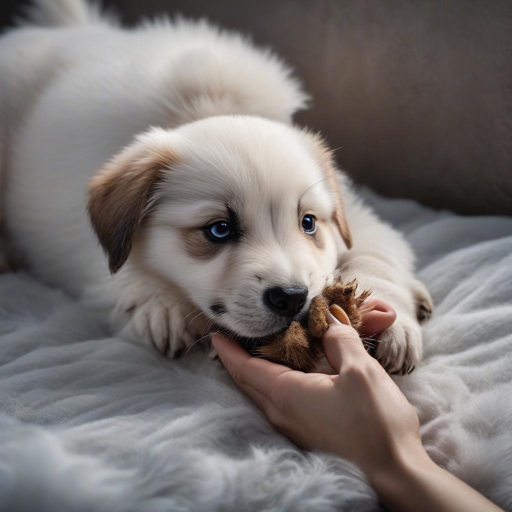  a man's hand lies in the puppy's mouth. A puppy bites a man's finger, the man is covered in scratches and marks from puppy bites. hyperrealistic, full body, detailed clothing, highly detailed, cinematic lighting, stunningly beautiful, intricate, sharp focus, f/1. 8, 85mm, (centered image composition), (professionally color graded), ((bright soft diffused light)), volumetric fog, trending on instagram, trending on tumblr, HDR 4K, 8K