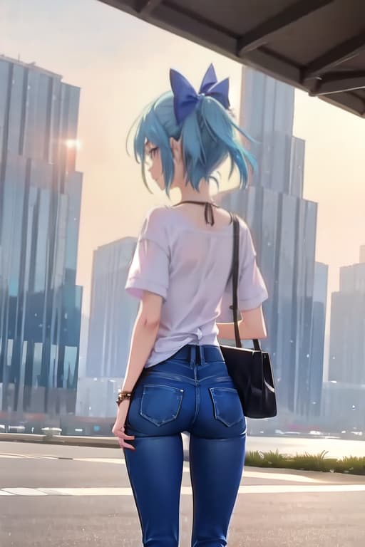  Cirno, from behind, jeans