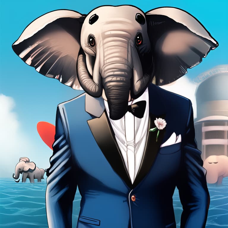  An elephant wearing a tuxedo,moe, large eyes, cute, adorable