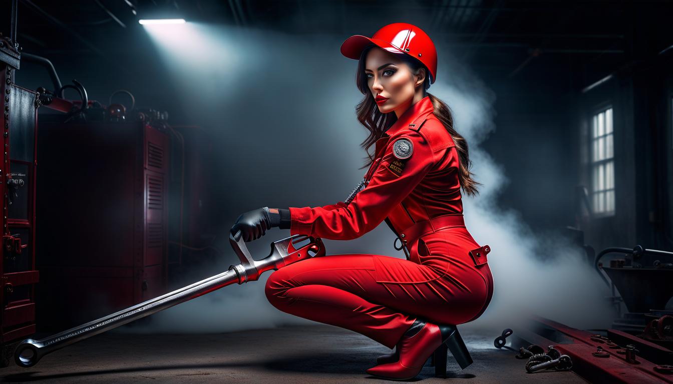  Girl in red with wrench hyperrealistic, full body, detailed clothing, highly detailed, cinematic lighting, stunningly beautiful, intricate, sharp focus, f/1. 8, 85mm, (centered image composition), (professionally color graded), ((bright soft diffused light)), volumetric fog, trending on instagram, trending on tumblr, HDR 4K, 8K