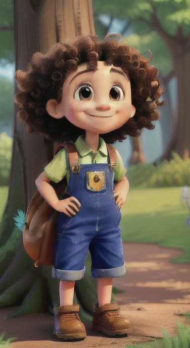  {The tree with a smiling face formed by its bark, looking down at Riley., Riley, a curious with big brown eyes and curly hair, wearing overalls and carrying a small backpack. Their friend, Skye, a bluebird with shiny feathers.