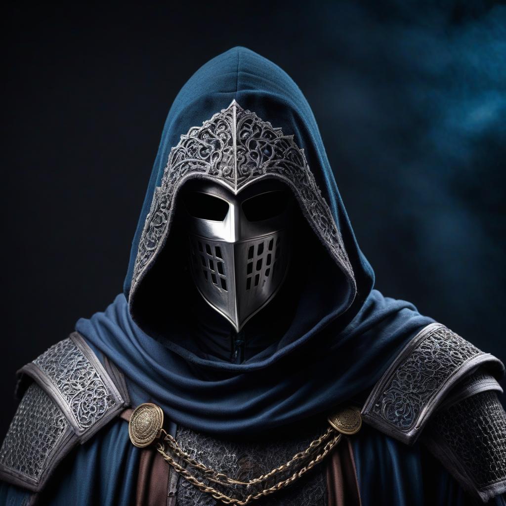  macabre style A mercenary man in a hood with a mask, with dark silver clothing having dark blue fabric patches of medieval theme, starry sky behind, Dark Souls style, 4k, black background. . dark, gothic, grim, haunting, highly detailed hyperrealistic, full body, detailed clothing, highly detailed, cinematic lighting, stunningly beautiful, intricate, sharp focus, f/1. 8, 85mm, (centered image composition), (professionally color graded), ((bright soft diffused light)), volumetric fog, trending on instagram, trending on tumblr, HDR 4K, 8K