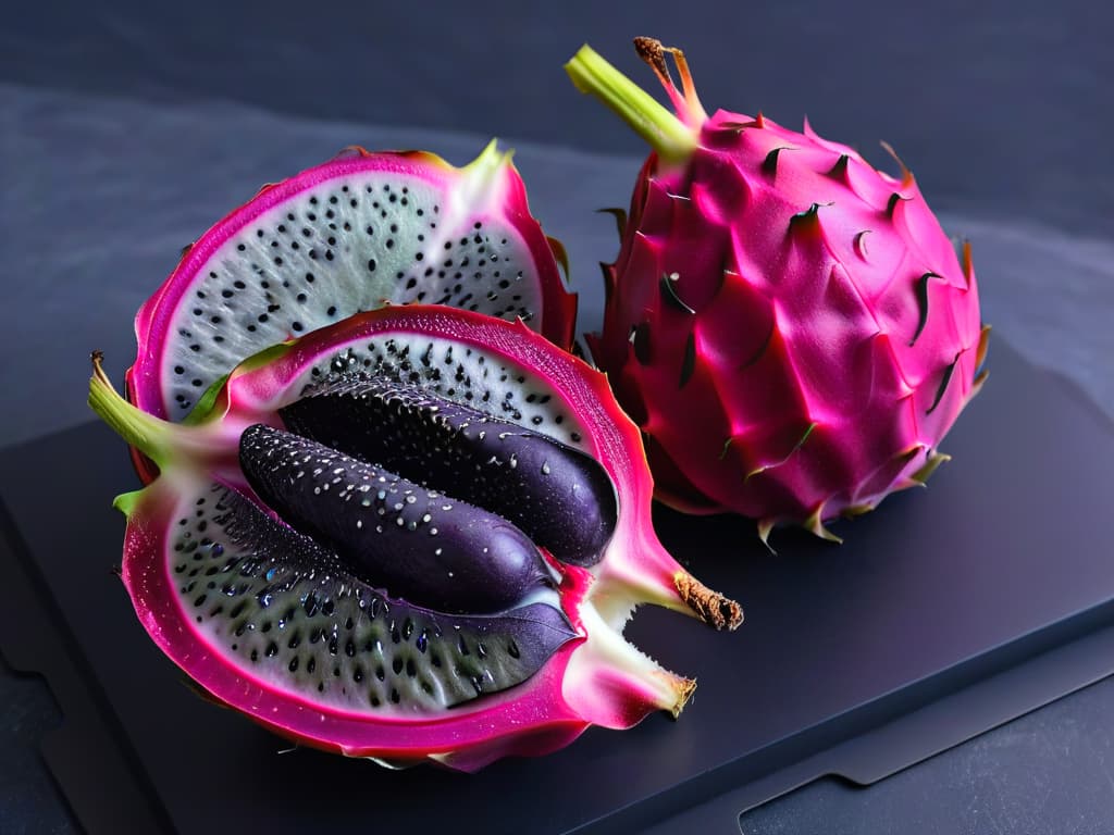  An ultradetailed image of a vibrant purple dragon fruit sliced in half, showcasing its white speckled pulp dotted with tiny black seeds, set against a sleek, matte black background. The focus is on the intricate patterns and textures of the dragon fruit's flesh, highlighting its exotic appeal and inviting readers to explore new ingredients for their desserts. hyperrealistic, full body, detailed clothing, highly detailed, cinematic lighting, stunningly beautiful, intricate, sharp focus, f/1. 8, 85mm, (centered image composition), (professionally color graded), ((bright soft diffused light)), volumetric fog, trending on instagram, trending on tumblr, HDR 4K, 8K