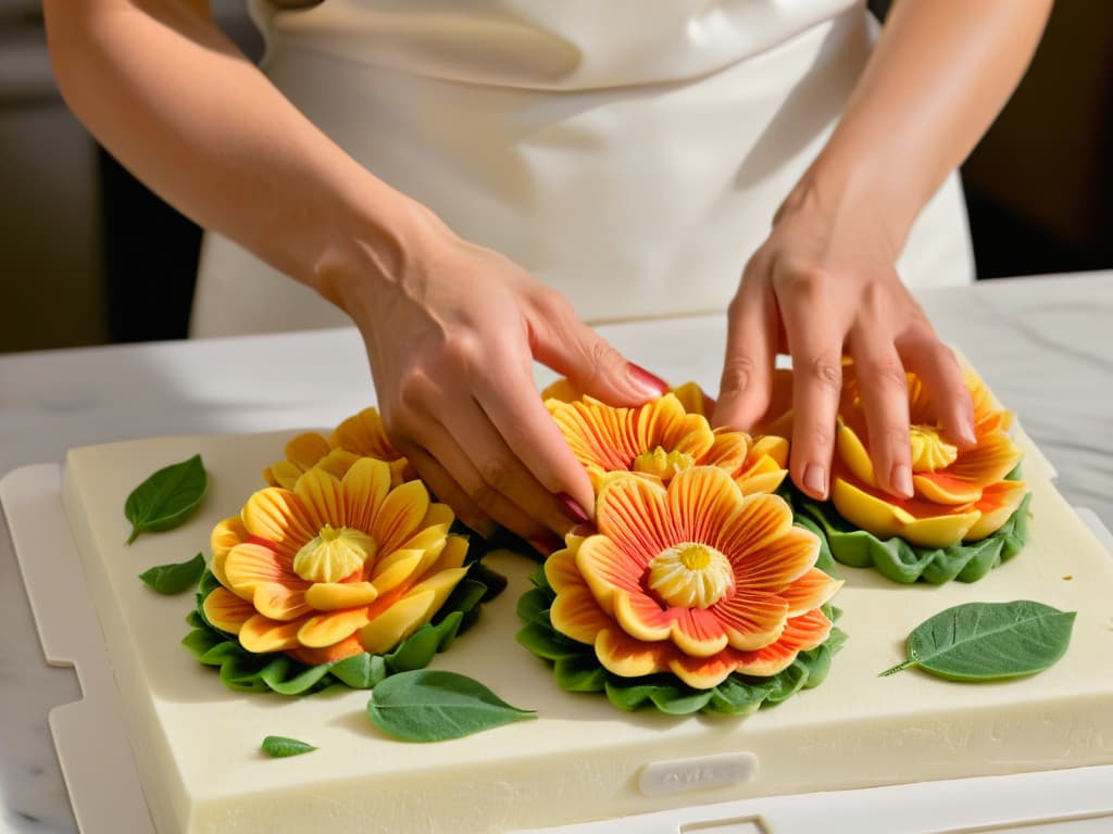  An ultradetailed closeup image of a baker's hands meticulously shaping a delicate flower out of marzipan, showcasing the intricate details of the petals and leaves, with each crease and fold visible in high resolution. The hands are skillfully crafting the edible art on a sleek, modern marble countertop, with soft natural light illuminating the scene, emphasizing the craftsmanship and precision required in sustainable pastry making. hyperrealistic, full body, detailed clothing, highly detailed, cinematic lighting, stunningly beautiful, intricate, sharp focus, f/1. 8, 85mm, (centered image composition), (professionally color graded), ((bright soft diffused light)), volumetric fog, trending on instagram, trending on tumblr, HDR 4K, 8K