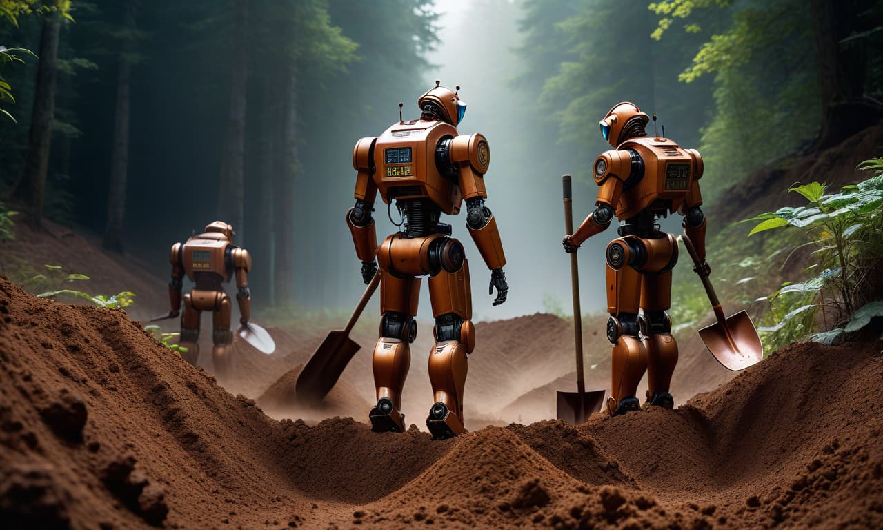  Rusty robots dig the soil with shovels. [prompt id: 1658185093540, timestamp: Thu Aug 10 21:52:20 2023] hyperrealistic, full body, detailed clothing, highly detailed, cinematic lighting, stunningly beautiful, intricate, sharp focus, f/1. 8, 85mm, (centered image composition), (professionally color graded), ((bright soft diffused light)), volumetric fog, trending on instagram, trending on tumblr, HDR 4K, 8K