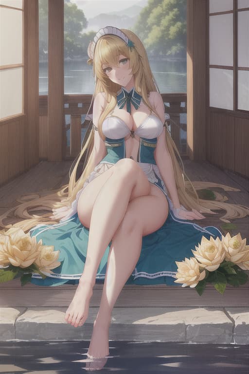  (score 9,score 8 up,score 7 up,),1girl,solo,maid,maid headdress,looking at viewer,outdoor,lake,apron,blonde hair,indoors,green eyes,bare foot,two feet in the water lotus flower sex stunny hyperrealistic, full body, detailed clothing, highly detailed, cinematic lighting, stunningly beautiful, intricate, sharp focus, f/1. 8, 85mm, (centered image composition), (professionally color graded), ((bright soft diffused light)), volumetric fog, trending on instagram, trending on tumblr, HDR 4K, 8K