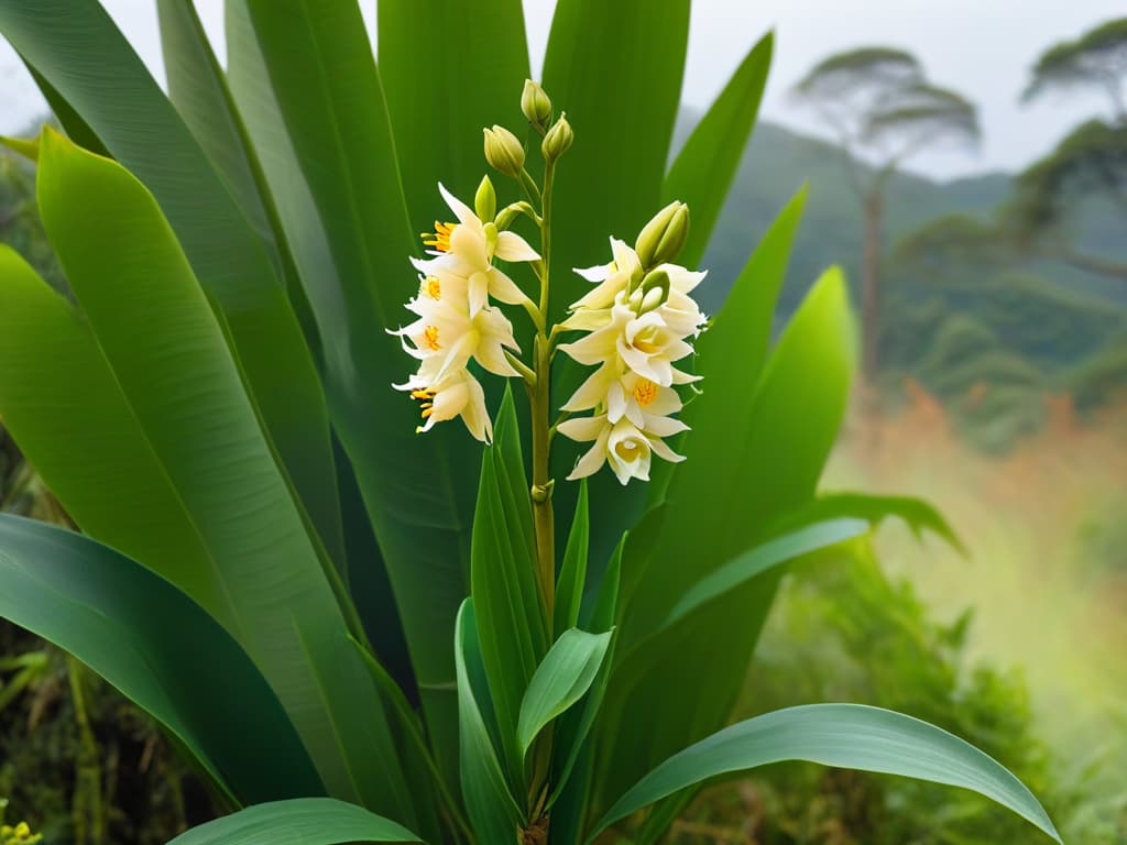  An ultradetailed, highresolution image of a traditional Malagasy vanilla bean orchid in full bloom, showcasing intricate details of the flower, lush green leaves, and delicate vanilla pods hanging from the plant, set against a softly blurred background of the Madagascar landscape. hyperrealistic, full body, detailed clothing, highly detailed, cinematic lighting, stunningly beautiful, intricate, sharp focus, f/1. 8, 85mm, (centered image composition), (professionally color graded), ((bright soft diffused light)), volumetric fog, trending on instagram, trending on tumblr, HDR 4K, 8K