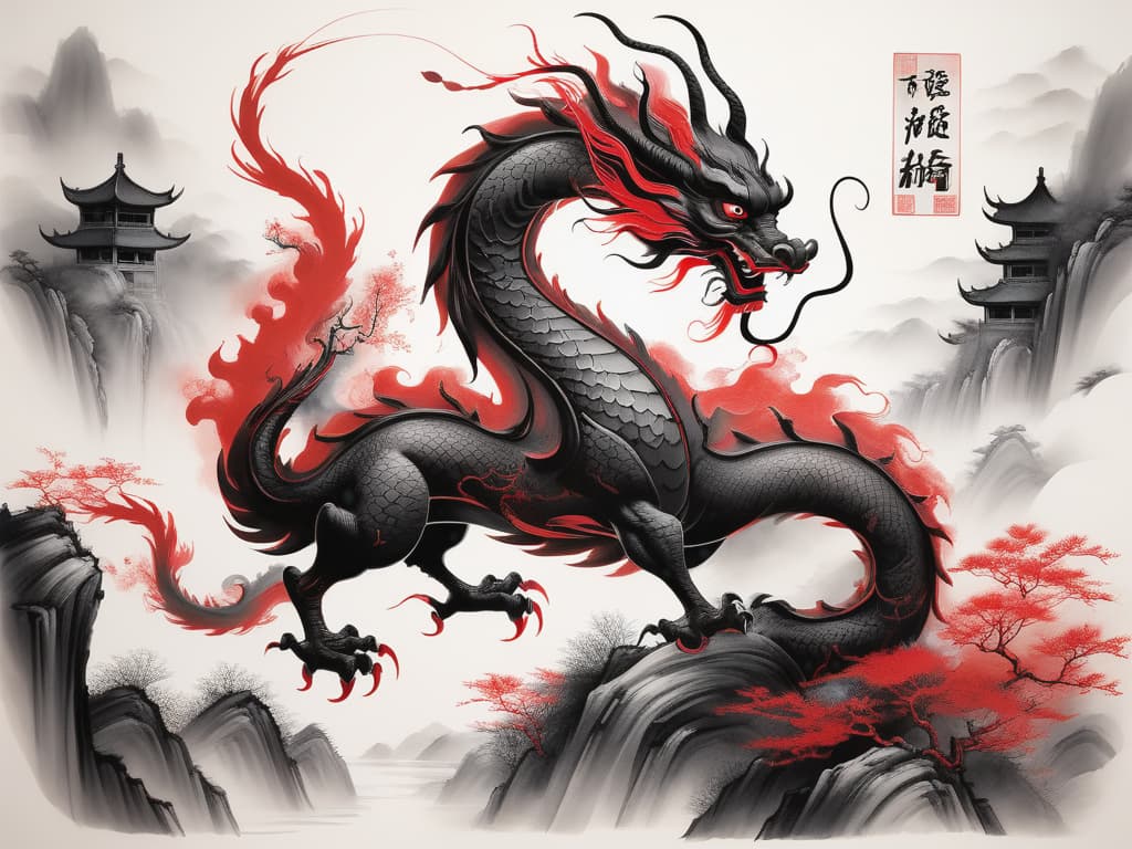  水墨画 (Shuǐmò huà), a captivating black and red ink art by Mschiffer, unfolds with a whimsical dragon in Chinese style. The brushstrokes, rough and expressive, breathe life into this mythical creature, creating a fusion of traditional elegance and contemporary allure in a mesmerizing sketch.