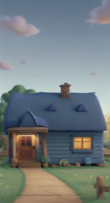  {Max walking back towards the cozy little house with droopy eyes, as twilight falls, The big blue dog is large with sky blue fur, big round eyes, a black nose, and floppy ears.