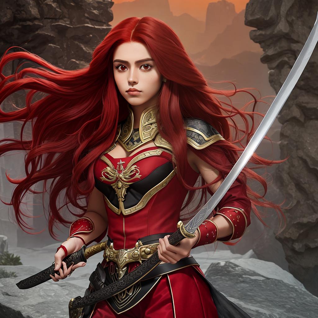  masterpiece, best quality, beutiful mexican dark skin lady with long red hair and a sword in her hands.and also ful red clothes. with a bit wavy hair.