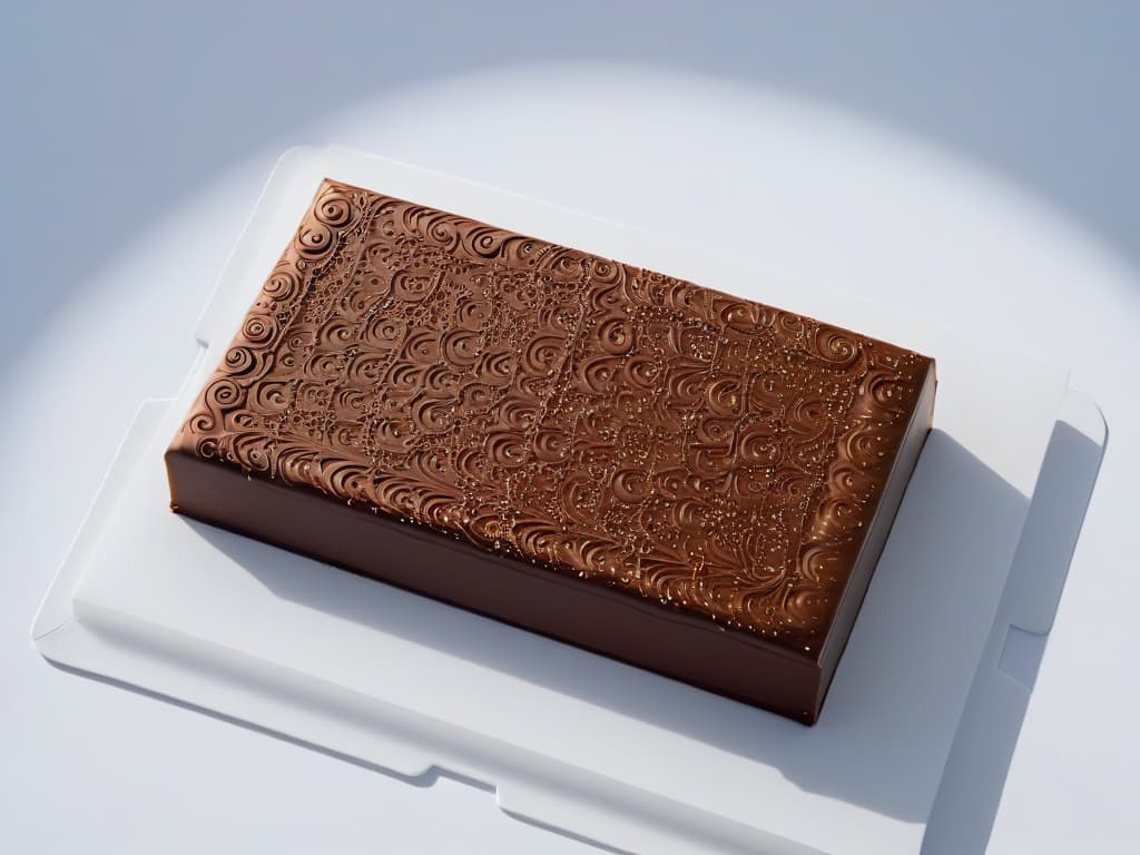  An ultradetailed closeup image of a glossy, perfectly tempered chocolate bar with intricate swirls and patterns on its surface, set against a stark white background to emphasize the rich, luxurious texture and shine of the chocolate. hyperrealistic, full body, detailed clothing, highly detailed, cinematic lighting, stunningly beautiful, intricate, sharp focus, f/1. 8, 85mm, (centered image composition), (professionally color graded), ((bright soft diffused light)), volumetric fog, trending on instagram, trending on tumblr, HDR 4K, 8K