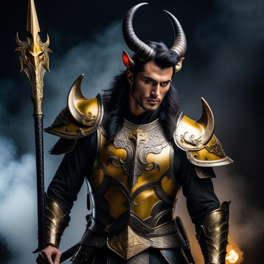  portrait, young man with horns, demonic appearance, European features, black hair, yellow eyes, armored warrior hyperrealistic, full body, detailed clothing, highly detailed, cinematic lighting, stunningly beautiful, intricate, sharp focus, f/1. 8, 85mm, (centered image composition), (professionally color graded), ((bright soft diffused light)), volumetric fog, trending on instagram, trending on tumblr, HDR 4K, 8K