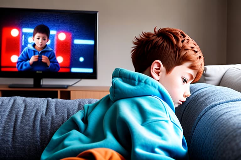  A boy on the couch with a sweatshirt on a blue sweatshirt the boy has red hair and white eyes he's watching anime on the TV with a dog on the couch The theme the living room