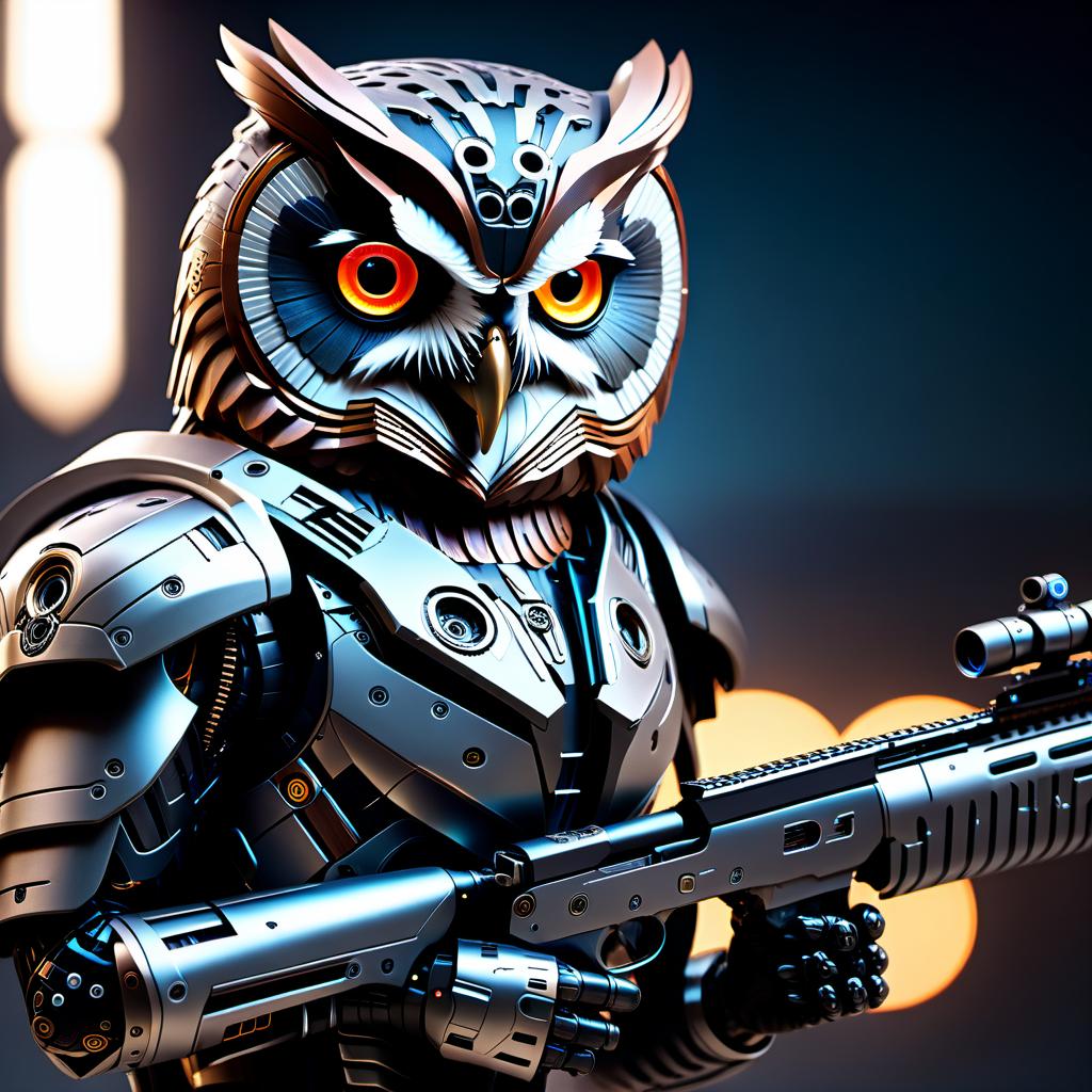  cybernetic style OWL with half face robot and marksman rifle in hands . futuristic, technological, cybernetic enhancements, robotics, artificial intelligence themes hyperrealistic, full body, detailed clothing, highly detailed, cinematic lighting, stunningly beautiful, intricate, sharp focus, f/1. 8, 85mm, (centered image composition), (professionally color graded), ((bright soft diffused light)), volumetric fog, trending on instagram, trending on tumblr, HDR 4K, 8K