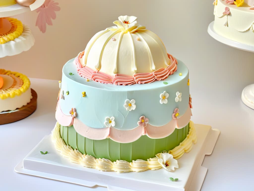  An ultradetailed, 8k resolution image of a beautifully decorated threetiered cake inspired by The Great British Bake Off. The cake features intricate fondant details in pastel colors, delicate piping work, and edible flowers cascading down the sides. The top tier is adorned with a miniature fondant replica of the iconic Bake Off tent, complete with tiny contestants baking inside. The background is a soft, blurred pastel palette to highlight the elegance and artistry of the cake. hyperrealistic, full body, detailed clothing, highly detailed, cinematic lighting, stunningly beautiful, intricate, sharp focus, f/1. 8, 85mm, (centered image composition), (professionally color graded), ((bright soft diffused light)), volumetric fog, trending on instagram, trending on tumblr, HDR 4K, 8K