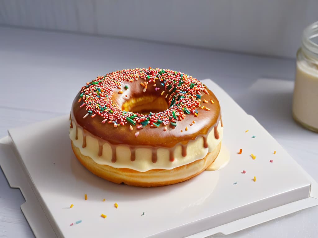  An ultradetailed photorealistic image of a freshly glazed homemade donut, perfectly smooth and glossy, with vibrant sprinkles delicately placed on top, set on a pristine white plate against a softfocus background of a bustling bakery kitchen. The lighting is expertly captured to highlight the sheen of the glaze and the textures of the donut, creating an appetizing and visually captivating scene that evokes a sense of professional craftsmanship and culinary artistry. hyperrealistic, full body, detailed clothing, highly detailed, cinematic lighting, stunningly beautiful, intricate, sharp focus, f/1. 8, 85mm, (centered image composition), (professionally color graded), ((bright soft diffused light)), volumetric fog, trending on instagram, trending on tumblr, HDR 4K, 8K