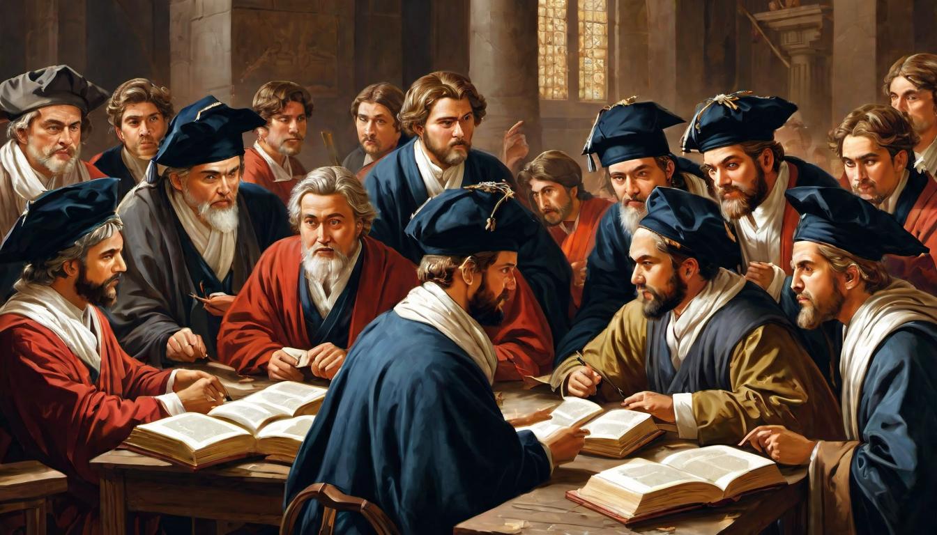  digital painting of A group of scholars in heated debate, hands gesturing, books and scrolls scattered, intense expressions, debate, controversy looking at viewer, dynamic pose, (intricate details, masterpiece, best quality)