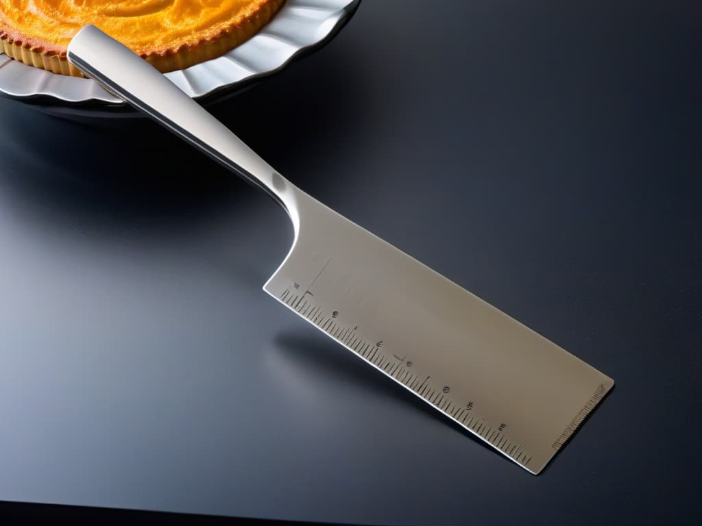  A closeup, ultradetailed image of a sleek, modern stainless steel pastry scraper with a perfectly angled blade, showing intricate engravings of measuring marks along one edge. The tool is elegantly placed on a matte black countertop, with soft, natural light casting gentle shadows to highlight its minimalist design and highquality craftsmanship. hyperrealistic, full body, detailed clothing, highly detailed, cinematic lighting, stunningly beautiful, intricate, sharp focus, f/1. 8, 85mm, (centered image composition), (professionally color graded), ((bright soft diffused light)), volumetric fog, trending on instagram, trending on tumblr, HDR 4K, 8K