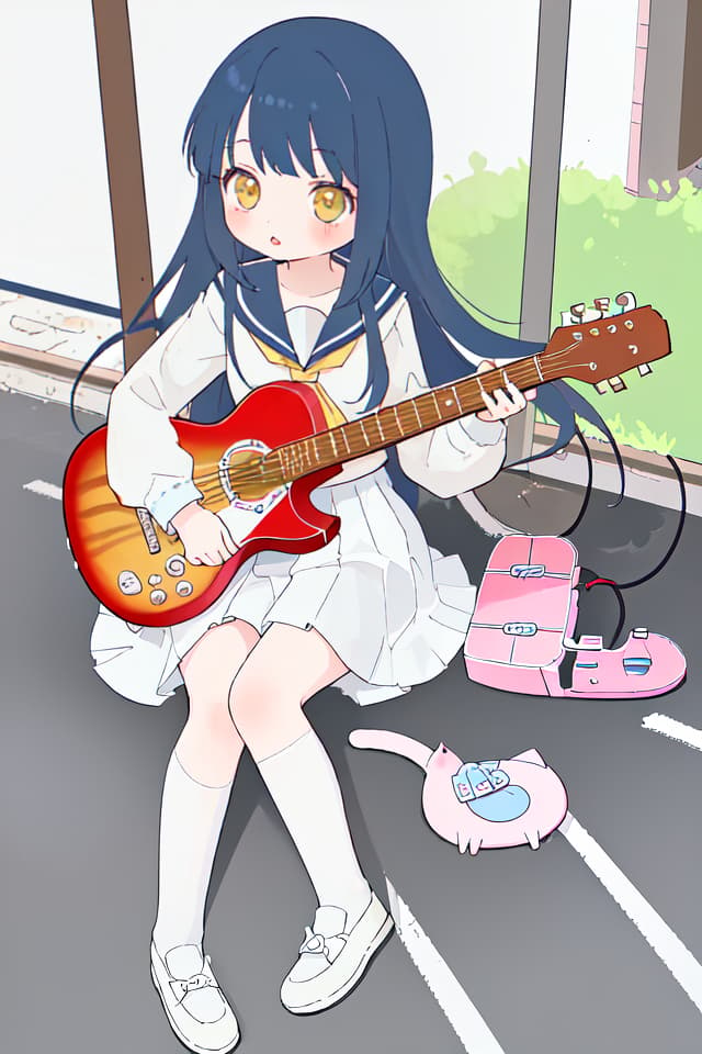  High school girl, mini character, cute, electric guitar, long hair, hanging, cat based, sitting on the ground, sailor suit