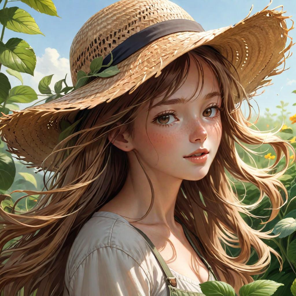  (((high detail))), best quality, 1girl, gardening, straw hat, light brown long flowing hair blowing in the wind,,