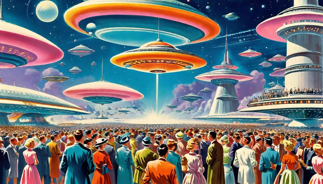  retro futuristic Crowds gathered in different parts of the world, eyes fixed on the sky, as various shaped UFOs hover above, GLOBAL FASCINATION, DIVERSE CROWDS, SKIES ALIVE WITH MYSTERY, Captured imaginations, WHISPERS OF THE UNKNOWN lvintage sci fi, 50s and 60s style, atomic age, vibrant, highly detailed