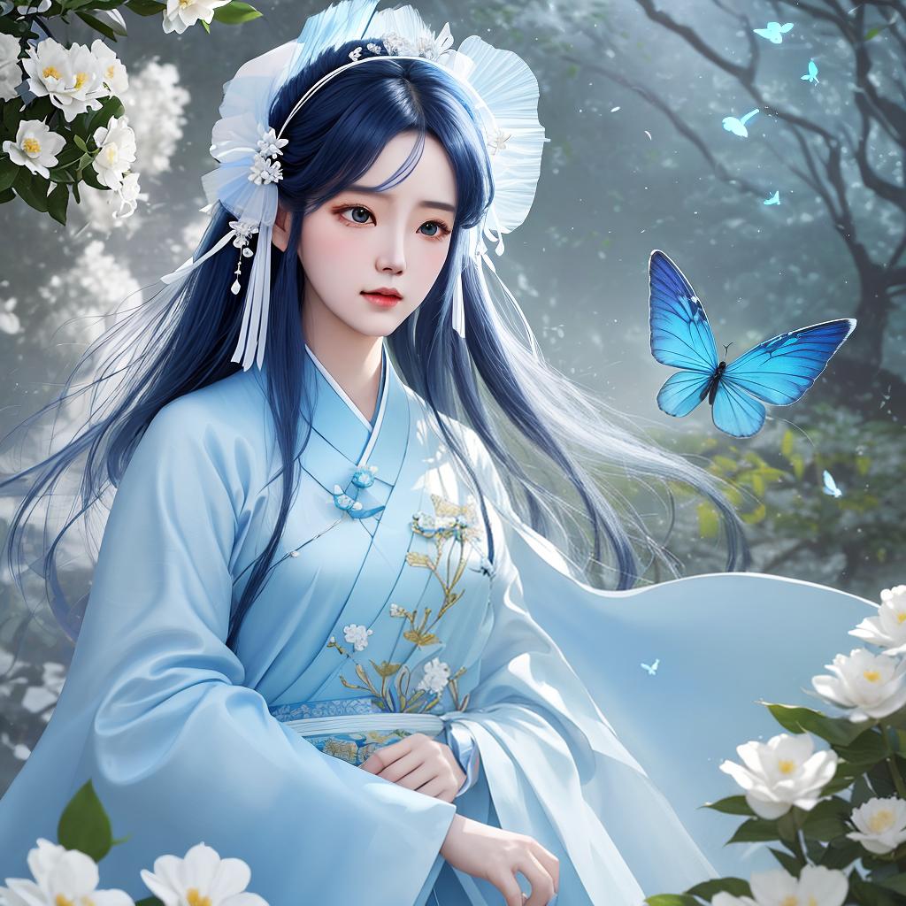  masterpiece, best quality, (Fidelity: 1.4), Best Quality, Masterpiece, Ultra High Resolution, Poster, Fantasy Art, Very Detailed Faces, 8k resolution, Chinese Style, An woman, Side Face, Quiet, Light Blue Hanfu, Tulle Coat, Long Black Hair, Light Blue Fringed Hair Ornament, Hairpin, White Ribbon, White Flower Bush, Light Blue Butterfly Flying, cinematic lighting effects