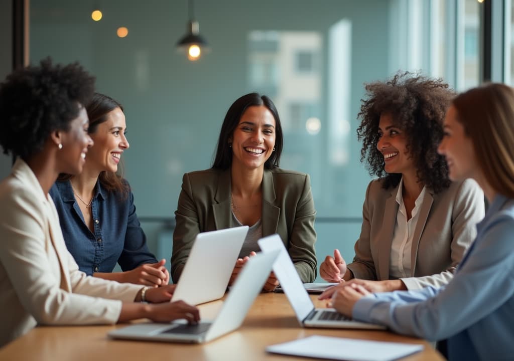  good quality, high quality, empowered hispanic businesswomen. diverse group collaborating in modern meeting room, exchanging innovative ideas. professional attire and utilizing laptops. workplace diversity and female leadership.