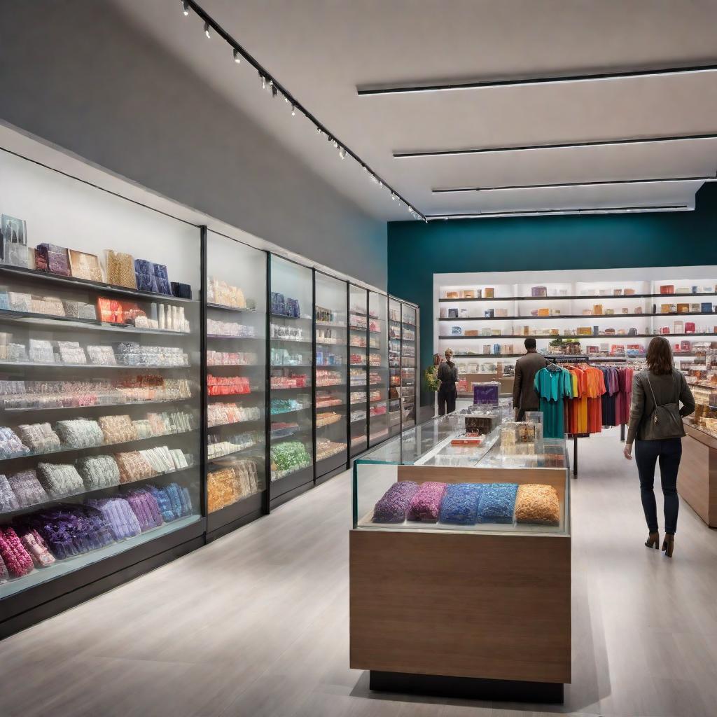  An image of a modern store with a glass storefront, colorful displays of products, and customers browsing the aisles. hyperrealistic, full body, detailed clothing, highly detailed, cinematic lighting, stunningly beautiful, intricate, sharp focus, f/1. 8, 85mm, (centered image composition), (professionally color graded), ((bright soft diffused light)), volumetric fog, trending on instagram, trending on tumblr, HDR 4K, 8K