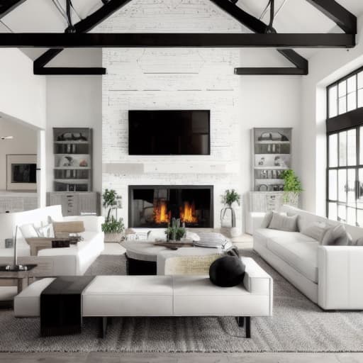  Modern farmhouse living room with white leather couch and a large flat screen tv mounted on the wall, farm architecture mixed with modern design