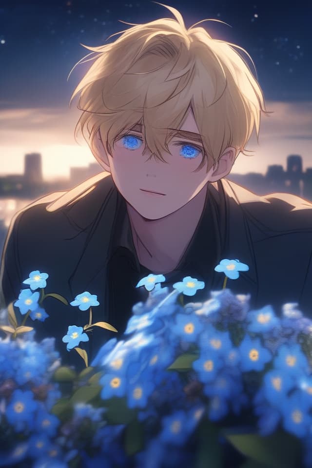  (forget me nots are blooming)(young man)(beautiful young man)(gentle illustration),masterpiece,(male),(blonde hair,blue eyes),(sad and beautiful young man),(shooting star)(staring at the night sky),"Remember Me" high quality,8k