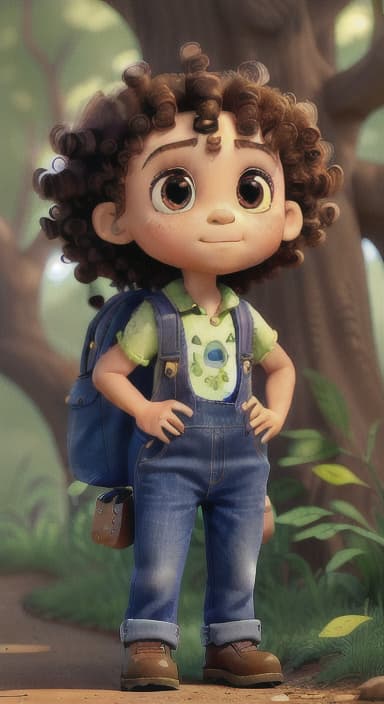  {The tree with a twinkling eye, while its leaves gently rustle., Riley, a curious with big brown eyes and curly hair, wearing overalls and carrying a small backpack. Their friend, Skye, a bluebird with shiny feathers.