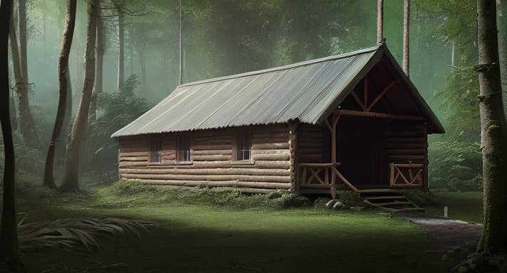  a large hut in the woods with a bis sea in front of it