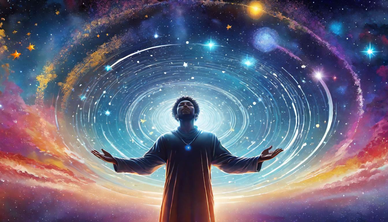  digital illustration, Radiant figure with outstretched arms, surrounded by concentric circles of light, background of swirling galaxies and stars, luminous, transcendent, empowering, looking at viewer, dynamic pose, (intricate details, masterpiece, best quality)