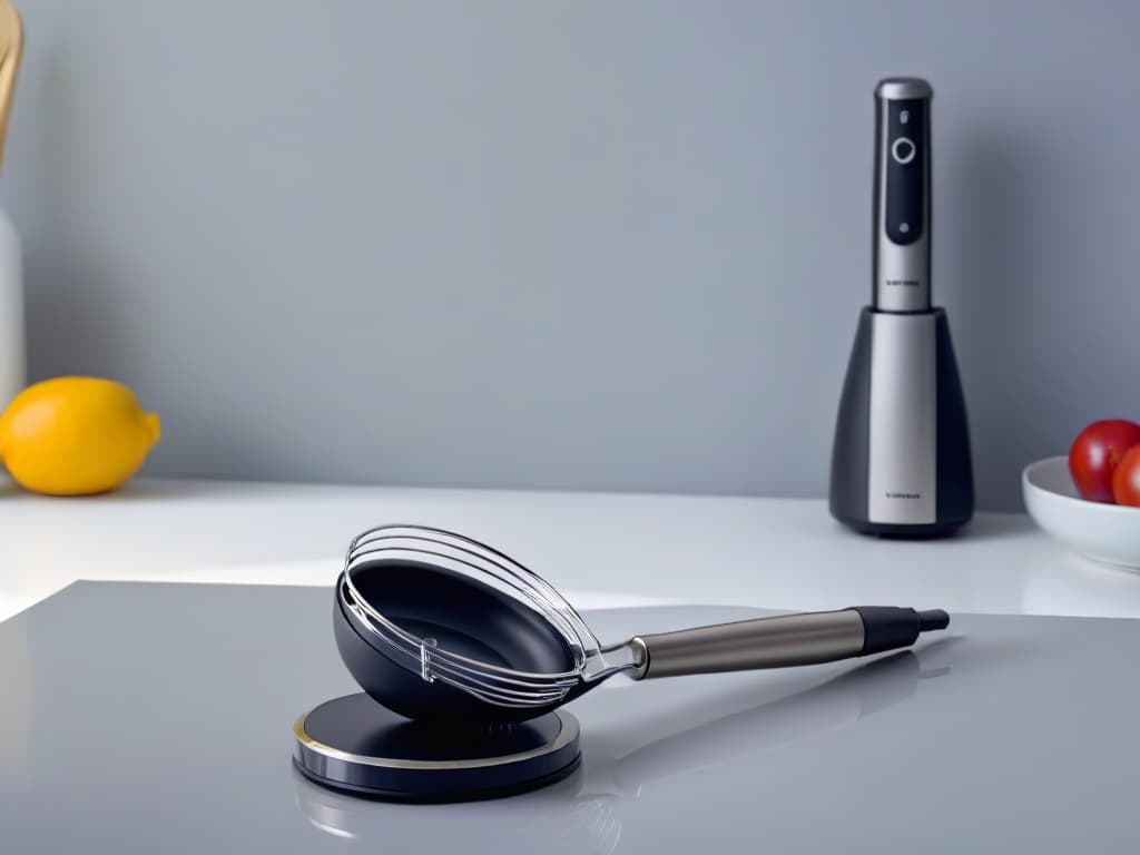  An image of a sleek, modern kitchen countertop with a set of premium electric whisk attachments neatly displayed, showcasing their various sizes and designs. The background is a soft, blurred kitchen setting with warm lighting that highlights the intricate details of the whisk attachments, emphasizing their professional quality and versatility for baking. hyperrealistic, full body, detailed clothing, highly detailed, cinematic lighting, stunningly beautiful, intricate, sharp focus, f/1. 8, 85mm, (centered image composition), (professionally color graded), ((bright soft diffused light)), volumetric fog, trending on instagram, trending on tumblr, HDR 4K, 8K