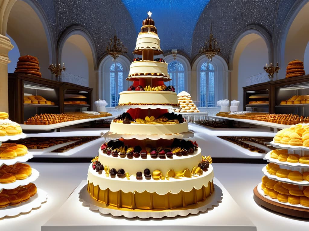  An ultradetailed illustration showcasing a grand French chateau transformed into a bustling pastry kitchen postFrench Revolution. The scene captures pastry chefs in traditional attire crafting elaborate desserts, surrounded by stacks of decadent pastries and intricate sugar sculptures. The background features a glimpse of the revolution era with subtle hints of change and innovation in the air, symbolizing the evolution of European desserts post the historical event. hyperrealistic, full body, detailed clothing, highly detailed, cinematic lighting, stunningly beautiful, intricate, sharp focus, f/1. 8, 85mm, (centered image composition), (professionally color graded), ((bright soft diffused light)), volumetric fog, trending on instagram, trending on tumblr, HDR 4K, 8K