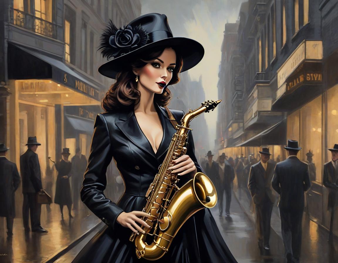  concept art An exquisite depiction of woman in a black hat playing the saxophone, with Louis Jover and Drew Darcy inspired style. The artwork is highly detailed, elegant, and intricate, featuring dynamic lighting and imperial colors. It is a stunning piece with a surreal and ultra realistic touch, created using oil on canvas with a focus on sharp details . digital artwork, illustrative, painterly, matte painting, highly detailed hyperrealistic, full body, detailed clothing, highly detailed, cinematic lighting, stunningly beautiful, intricate, sharp focus, f/1. 8, 85mm, (centered image composition), (professionally color graded), ((bright soft diffused light)), volumetric fog, trending on instagram, trending on tumblr, HDR 4K, 8K