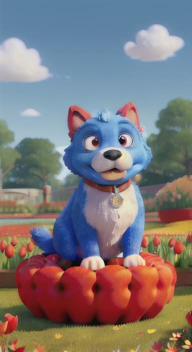  {The red ball nestled in a bed of colorful flowers like daisies and tulips, The big blue dog is large with sky blue fur, big round eyes, a black nose, and floppy ears.