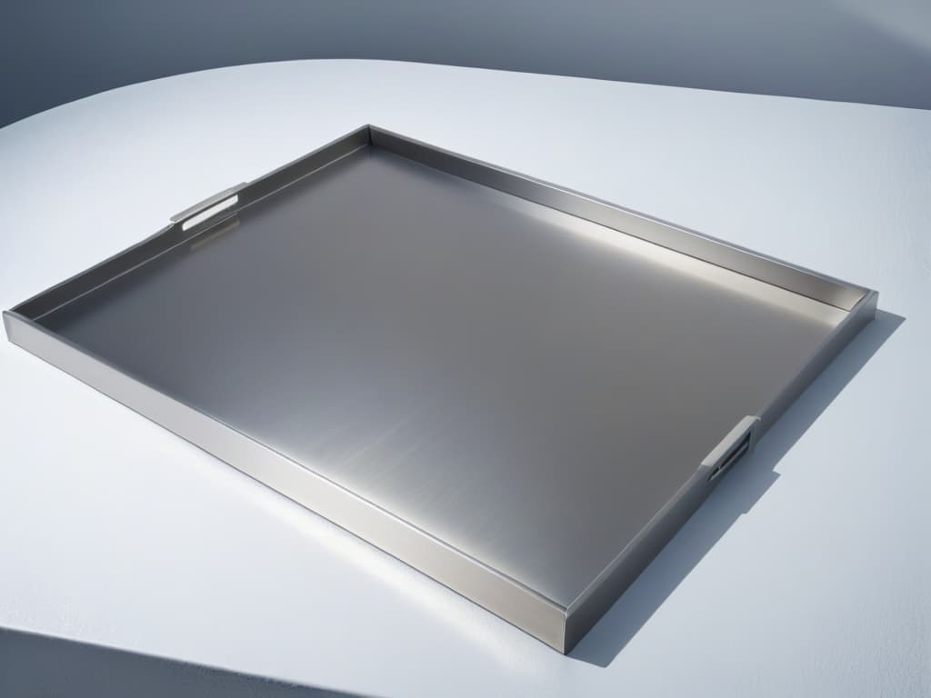  A closeup, ultradetailed image of a sleek, modern stainless steel baking tray, perfectly clean and reflecting soft natural light, showcasing its smooth surface, precise edges, and subtle branding logo. The minimalistic design emphasizes the tray's quality and durability, making it an ideal visual representation for the article on choosing the best baking trays for pastry making. hyperrealistic, full body, detailed clothing, highly detailed, cinematic lighting, stunningly beautiful, intricate, sharp focus, f/1. 8, 85mm, (centered image composition), (professionally color graded), ((bright soft diffused light)), volumetric fog, trending on instagram, trending on tumblr, HDR 4K, 8K