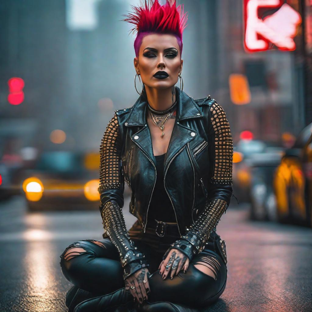  punk woman, photographic hyperrealistic, full body, detailed clothing, highly detailed, cinematic lighting, stunningly beautiful, intricate, sharp focus, f/1. 8, 85mm, (centered image composition), (professionally color graded), ((bright soft diffused light)), volumetric fog, trending on instagram, trending on tumblr, HDR 4K, 8K