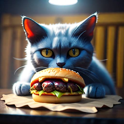  Demon cat eating a hamburger hyperrealistic, full body, detailed clothing, highly detailed, cinematic lighting, stunningly beautiful, intricate, sharp focus, f/1. 8, 85mm, (centered image composition), (professionally color graded), ((bright soft diffused light)), volumetric fog, trending on instagram, trending on tumblr, HDR 4K, 8K