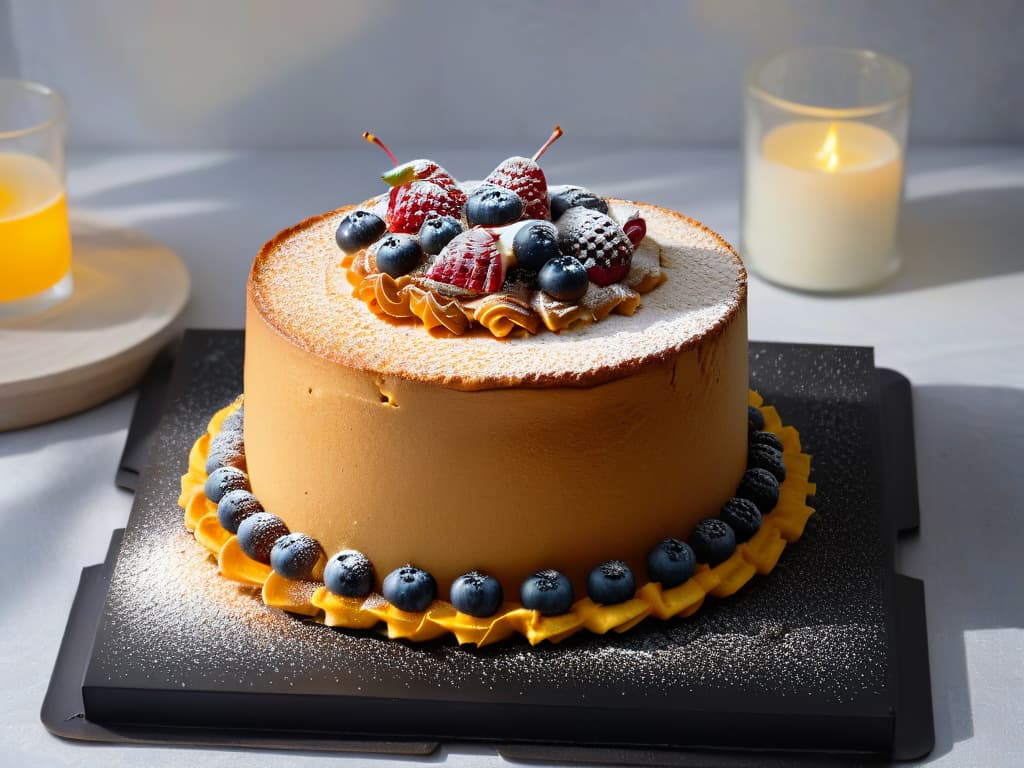  A minimalist, ultradetailed image of a perfectly risen and goldenbrown sponge cake, with tiny bubbles visible on its surface, sitting on a sleek, matte black plate. The cake is elegantly dusted with a light sprinkle of powdered sugar, and a few fresh berries are artfully arranged next to it, adding a pop of vibrant color to the scene. The lighting is soft and diffused, casting gentle shadows that highlight the texture of the cake's crumb. hyperrealistic, full body, detailed clothing, highly detailed, cinematic lighting, stunningly beautiful, intricate, sharp focus, f/1. 8, 85mm, (centered image composition), (professionally color graded), ((bright soft diffused light)), volumetric fog, trending on instagram, trending on tumblr, HDR 4K, 8K