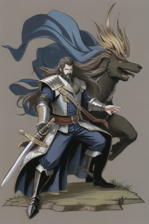  Middle -aged uncle, dandy, armor, beard, long hair, sword, pose, battle