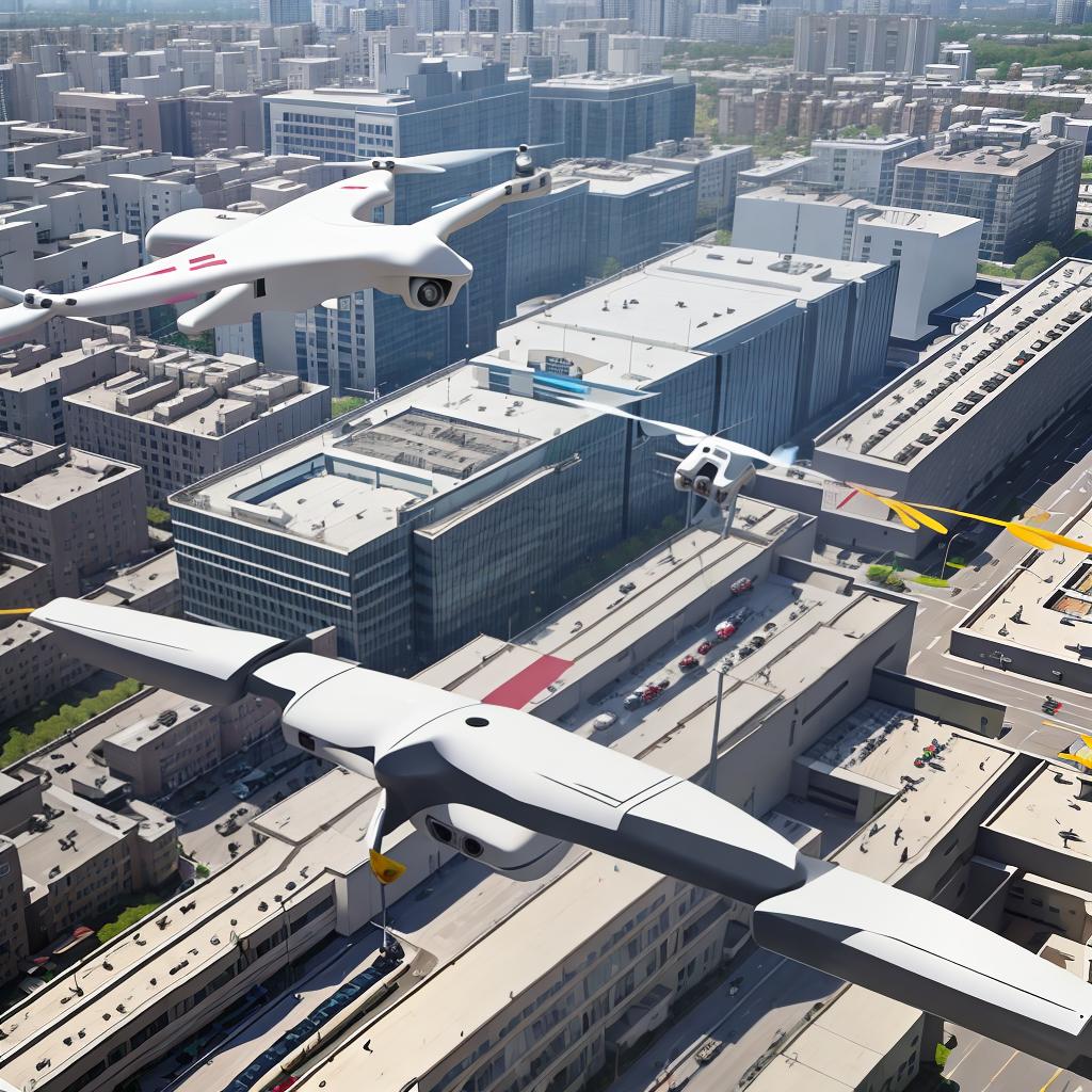  drone flying between hospitals carrying medical tests over busy cities